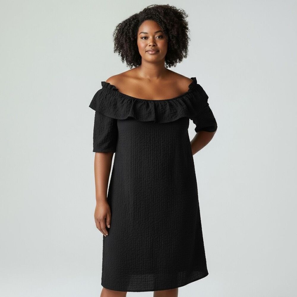NWT SHEIN Solid Black Above the Knee off the shoulder Dress Lose fit size 3x